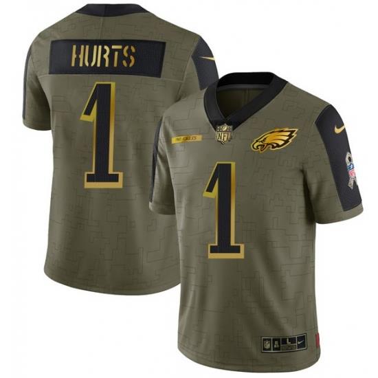 Men Philadelphia Eagles 1 Jalen Hurts 2021 Olive Camo Salute To Service Golden Limited Stitched Jersey
