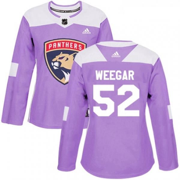 Womens Adidas Florida Panthers 52 MacKenzie Weegar Authentic Purple Fights Cancer Practice NHL Jersey