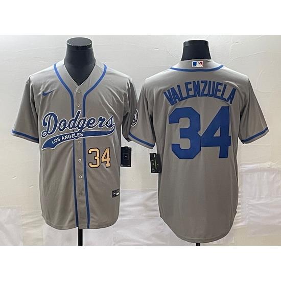 Men's Los Angeles Dodgers #34 Fernando Valenzuela Number Grey With Patch Cool Base Stitched Baseball Jersey