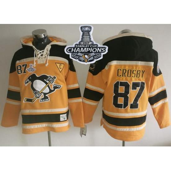 Men Pittsburgh Penguins 87 Sidney Crosby Gold Sawyer Hooded Sweatshirt 2017 Stanley Cup Finals Champions Stitched NHL Jersey