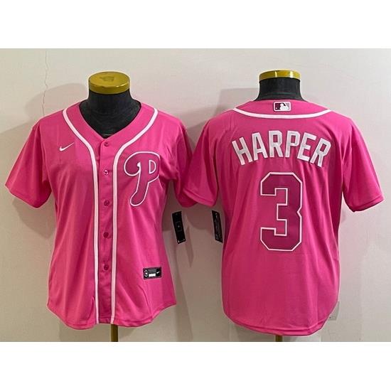 Women Philadelphia Phillies 3 Bryce Harper Pink Stitched Baseball Jersey