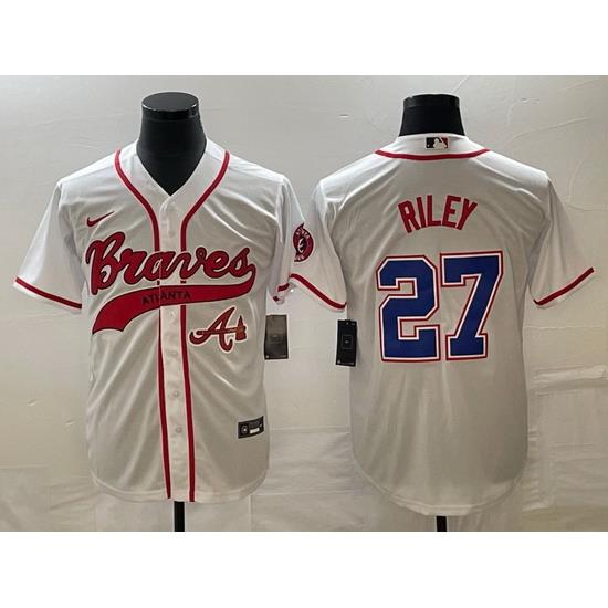 Men Atlanta Braves 27 Austin Riley White Cool Base With Patch Stitched Baseball Jersey
