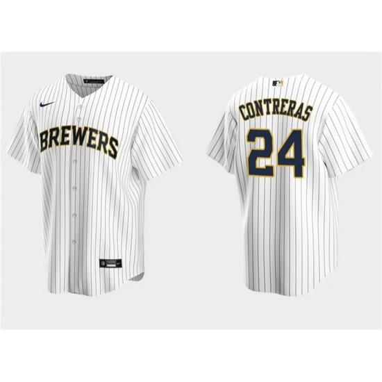 Men Milwaukee Brewers 24 William Contreras White Cool Base Stitched Jersey