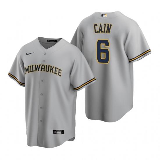 Mens Nike MilWaukee BreWers 6 Lorenzo Cain Gray Road Stitched Baseball Jersey