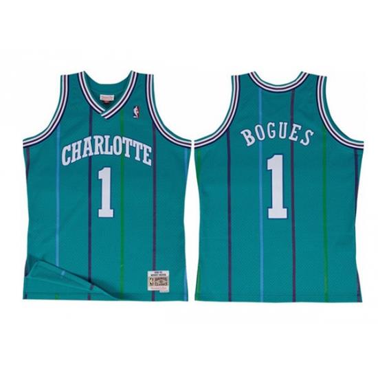 Men Charlotte Hornets 1 Muggsy Bogues Aqua Throwback Stitched Jerse