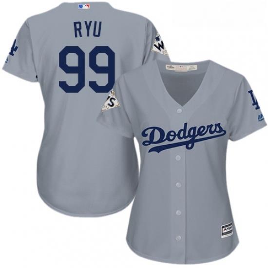 Womens Majestic Los Angeles Dodgers 99 Hyun Jin Ryu Authentic Grey Road 2017 World Series Bound Cool Base MLB Jersey