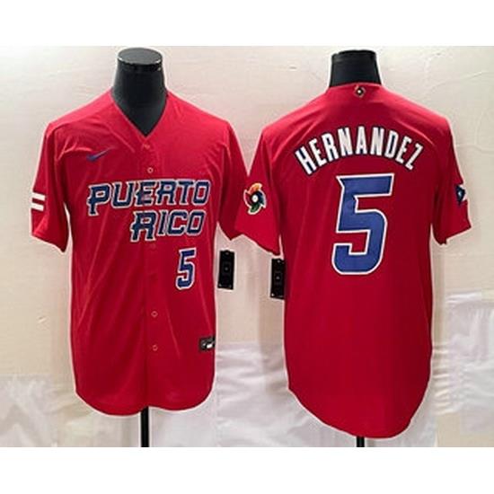 Men's Puerto Rico Baseball #5 Enrique Hernandez Number 2023 Red World Classic Stitched Jersey