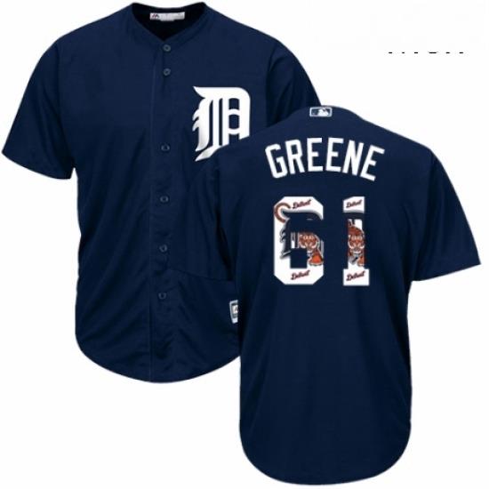 Mens Majestic Detroit Tigers 61 Shane Greene Authentic Navy Blue Team Logo Fashion Cool Base MLB Jersey