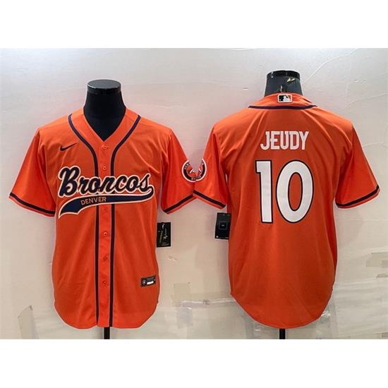 Men Denver Broncos 10 Jerry Jeudy Orange With Patch Cool Base Stitched Baseball Jersey