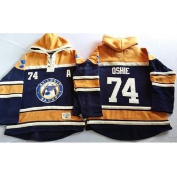 St. Louis Blues 74 T.J Oshie Navy Blue Gold Sawyer Hooded Sweatshirt Stitched Jersey
