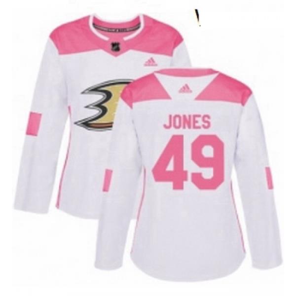 Womens Adidas Anaheim Ducks 49 Max Jones Authentic White Pink Fashion NHL Jersey