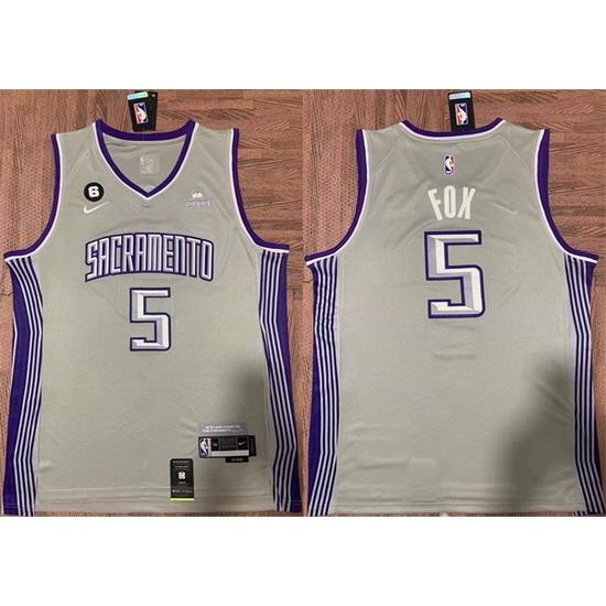 Men Sacramento Kings 5 De 27Aaron Fox Gray No 6 Patch Stitched Jersey