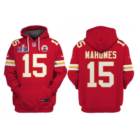 Men Kansas City Chiefs 15 Patrick Mahomes Red Super Bowl LVIII Patch Pullover Hoodie