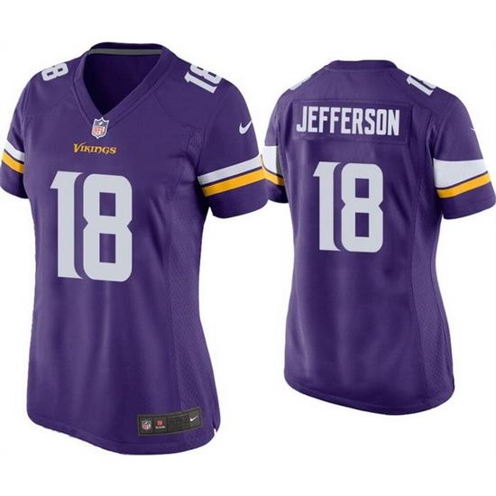 Women Minnesota Vikings 18 Justin Jefferson Purple Stitched Game Jersey  Run Small