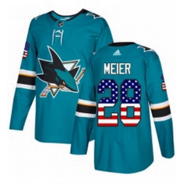 Mens Adidas San Jose Sharks 28 Timo Meier Authentic Teal Green USA Flag Fashion NHL Jersey