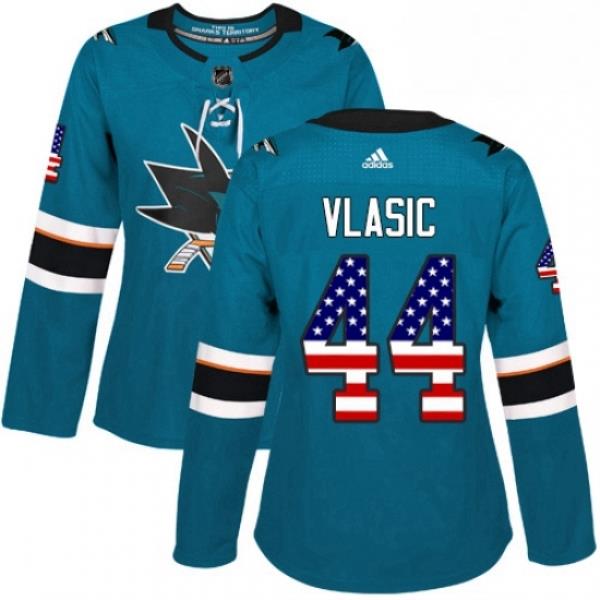 Womens Adidas San Jose Sharks 44 Marc Edouard Vlasic Authentic Teal Green USA Flag Fashion NHL Jersey