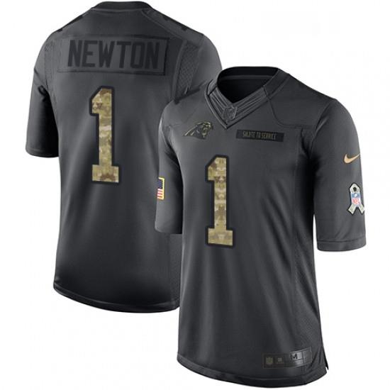 Mens Nike Carolina Panthers 1 Cam NeWton Limited Black 2016 Salute to Service NFL Jersey