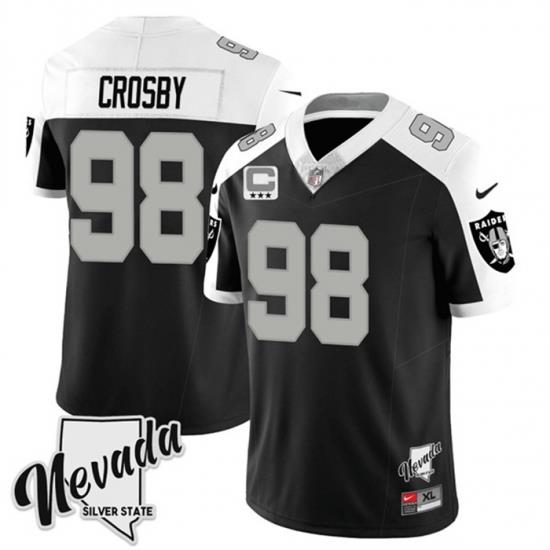 Men Las Vegas Raiders 98 Maxx Crosby Black White 2023 F U S E Nevada Silver Stat With 3 Star C Patch Stitched Football Jersey