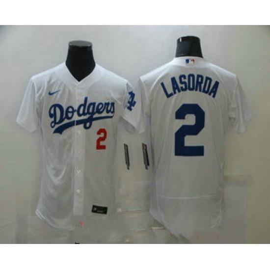 Men Los Angeles Dodgers 2 Tommy Lasorda White Stitched MLB Flex Base Nike Jersey