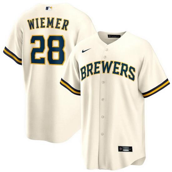 Men Milwaukee Brewers 28 Joey Wiemer Cream Cool Base Stitched Jersey
