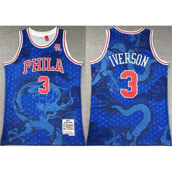 Men Philadelphia 76ers 3 Allen Iverson Royal Throwback Stitched Basketball Jersey
