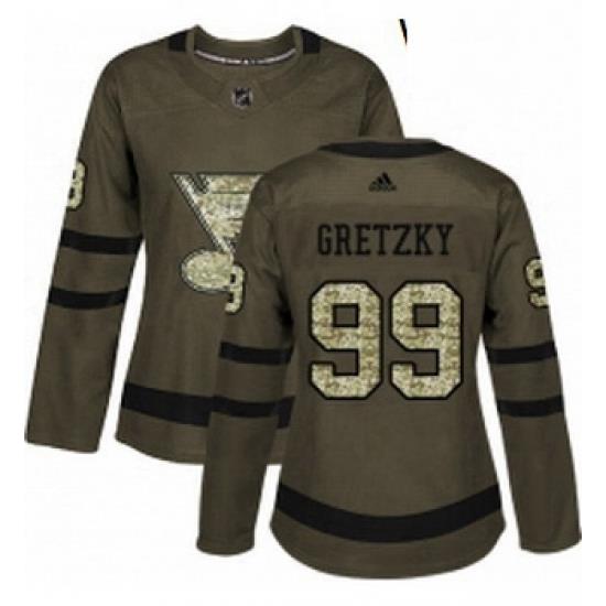Womens Adidas St Louis Blues 99 Wayne Gretzky Authentic Green Salute to Service NHL Jersey