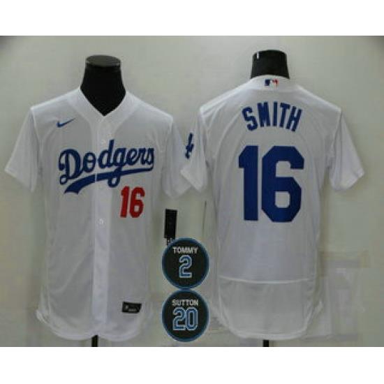 Men Los Angeles Dodgers 16 Will Smith White 2 20 Patch Stitched MLB Flex Base Nike Jersey