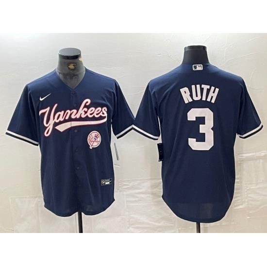 Men NeW York Yankees 3 Babe Ruth Navy With Patch Cool Base Stitched Baseball Jersey