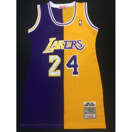 Women Los Angeles Lakers 24 Kobe Bryant Dress Stitched Jersey Yellow Purple Split