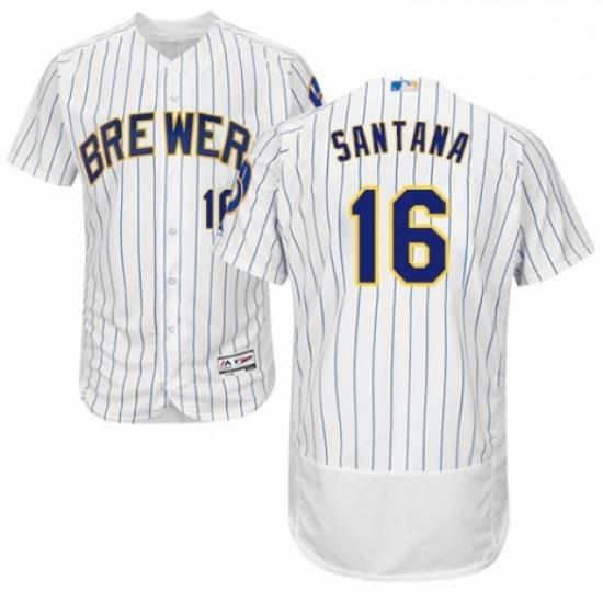 Mens Majestic MilWaukee BreWers 16 Domingo Santana White Home Flex Base Authentic Collection MLB Jersey