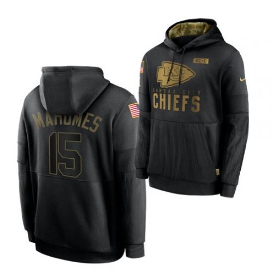 Men Kansas City Chiefs 15 Patrick Mahomes 2020 Salute To Service Black Sideline Performance Pullover Hoodie