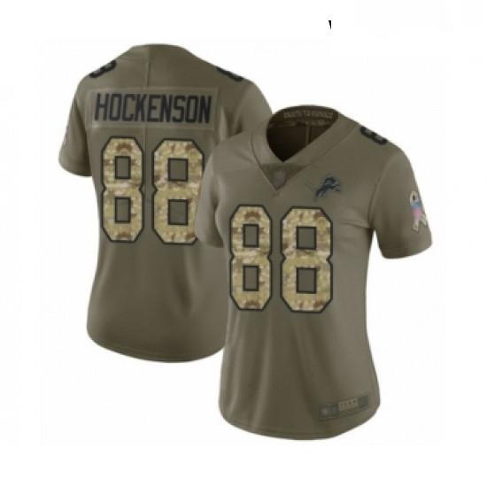 Womens Detroit Lions 88 TJ Hockenson Limited Olive Camo Salute to Service Football Jersey