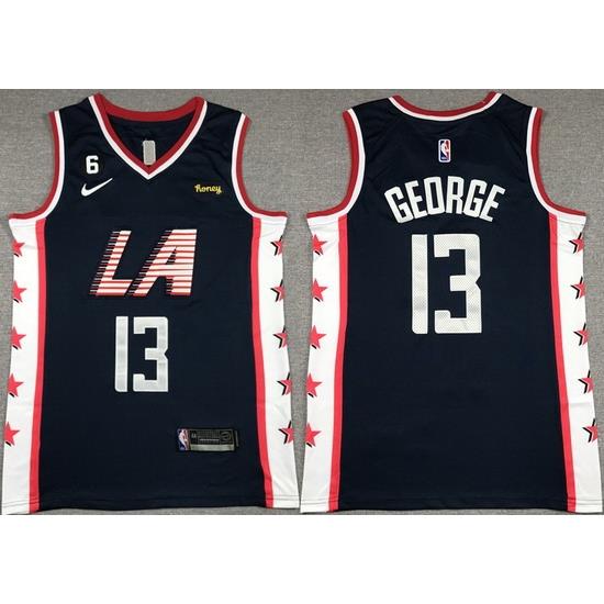 Men Los Angeles Clippers 13 Paul George Navy 2022 23 City Edition With NO 6 Patch Stitched Jersey