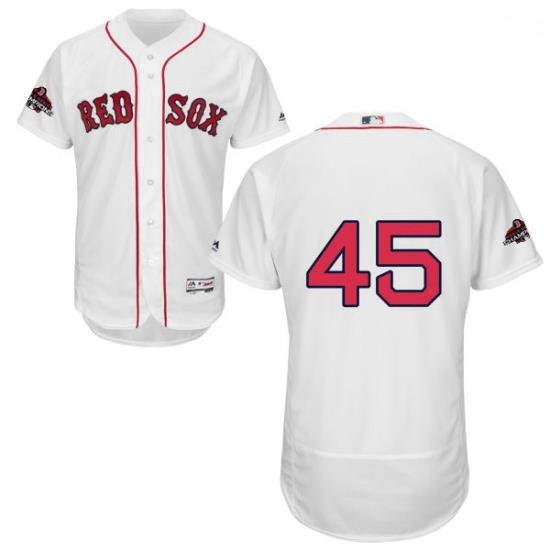 Mens Majestic Boston Red Sox 45 Pedro Martinez White Home Flex Base Authentic Collection 2018 World Series Jersey