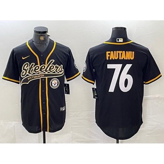 Men Pittsburgh Steelers 76 Troy Fautanu Black With Patch Cool Base Stitched Baseball Jersey 2