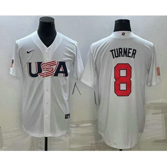 Men's USA Baseball #8 Trea Turner 2023 White World Baseball Classic Stitched Jersey