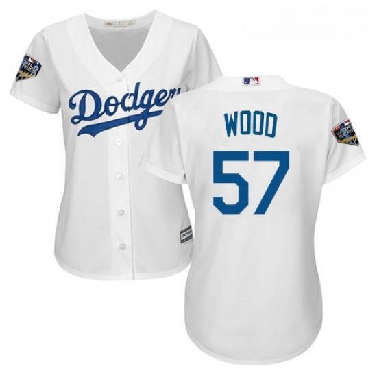 Womens Majestic Los Angeles Dodgers 57 Alex Wood Authentic White Home Cool Base 2018 World Series MLB Jersey