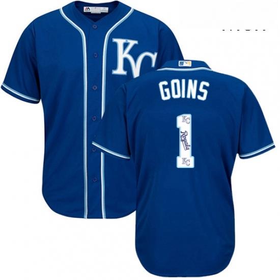Mens Majestic Kansas City Royals 1 Ryan Goins Blue Authentic Blue Team Logo Fashion Cool Base MLB Jersey