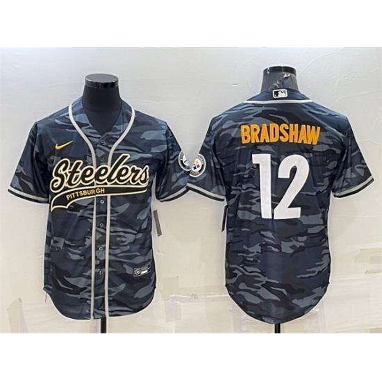 Men Pittsburgh Steelers 12 Terry Bradshaw Grey Navy Camo With Patch Cool Base Stitched Baseball Jersey