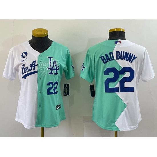 Youth Los Angeles Dodgers 22 Bad Bunny 2022 All Star White Green Split Stitched Jersey