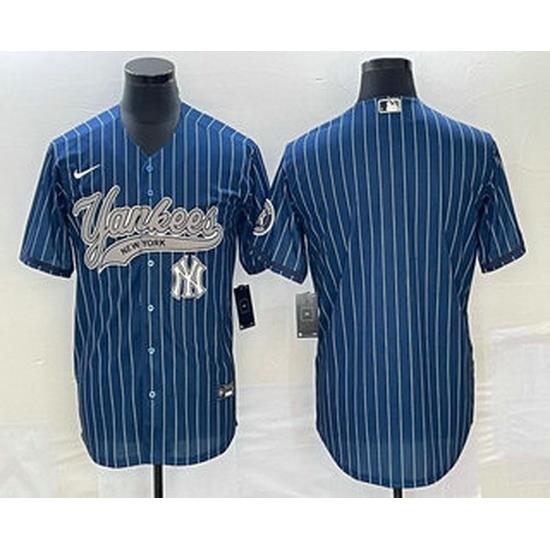 Men's NeW York Yankees Big Logo Navy Blue Pinstripe Cool Base Stitched Baseball Jerseys