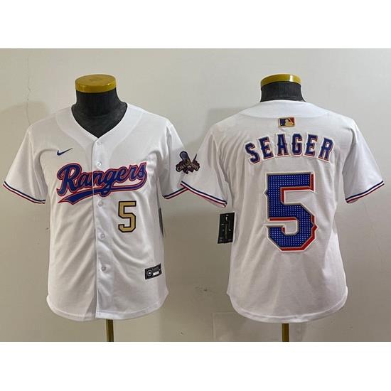 Youth Texas Rangers 5 Corey Seager White Gold Stitched Baseball Jersey  1
