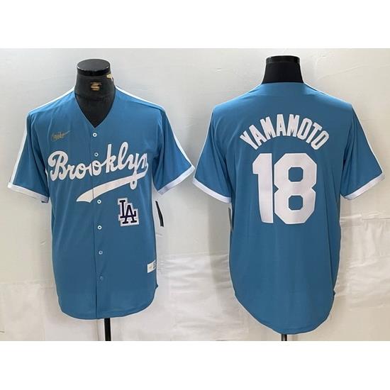 Men Los Angeles Dodgers 18 Yoshinobu Yamamoto Light Blue ThroWback Cool Base Stitched Baseball Jerseys