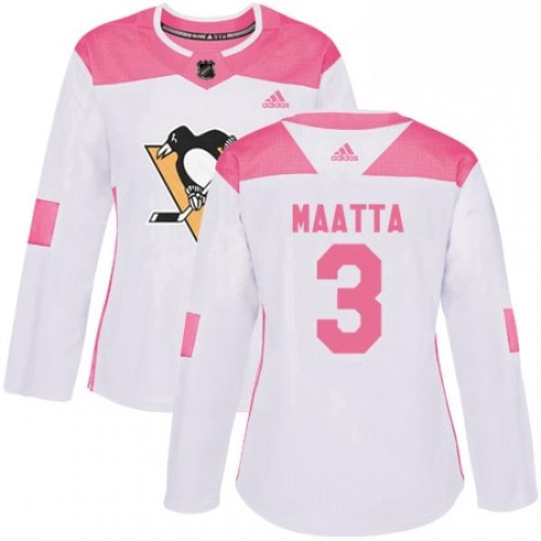 Womens Adidas Pittsburgh Penguins 3 Olli Maatta Authentic WhitePink Fashion NHL Jersey