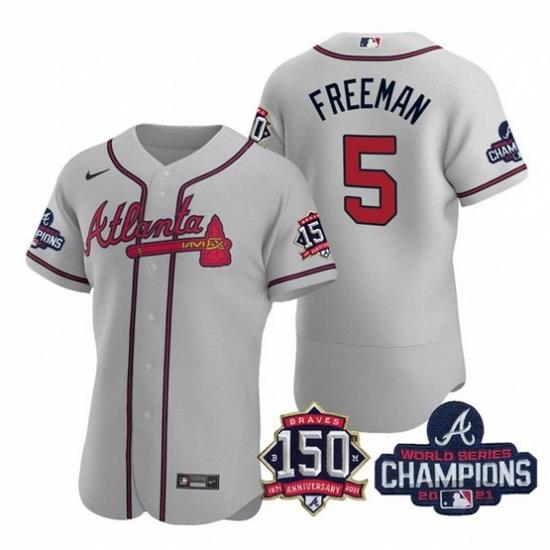 Men's Grey Atlanta Braves #5 Freddie Freeman 2021 World Series Champions With 150th Anniversary Flex Base Stitched Jersey