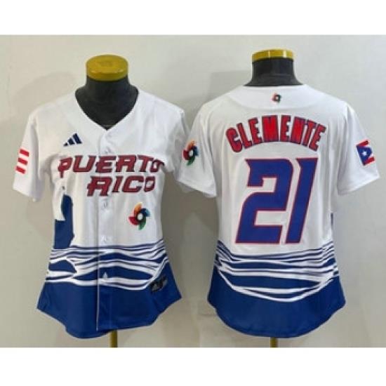 Womens Puerto Rico Baseball 21 Roberto Clemente 2023 White World Classic Stitched Jersey