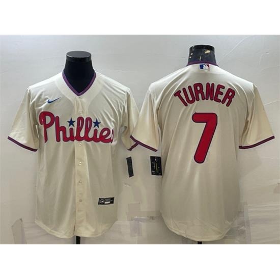 Men Philadelphia Phillies 7 Trea Turner Cream Cool Base Stitched Baseball Jersey