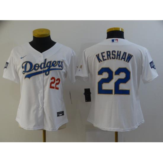Women Los Angeles Dodgers Clayton KershaW 22 Championship Gold Trim White All Stitched Flex Base Jersey