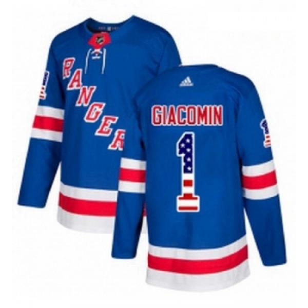 Youth Adidas New York Rangers 1 Eddie Giacomin Authentic Royal Blue USA Flag Fashion NHL Jersey