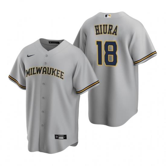Mens Nike MilWaukee BreWers 18 Keston Hiura Gray Road Stitched Baseball Jersey